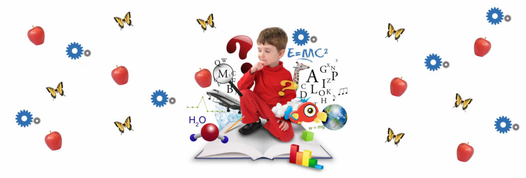 Child in a red sweater sitting on an open book surrounded by apples, butterflies, gears, letters and science symbols