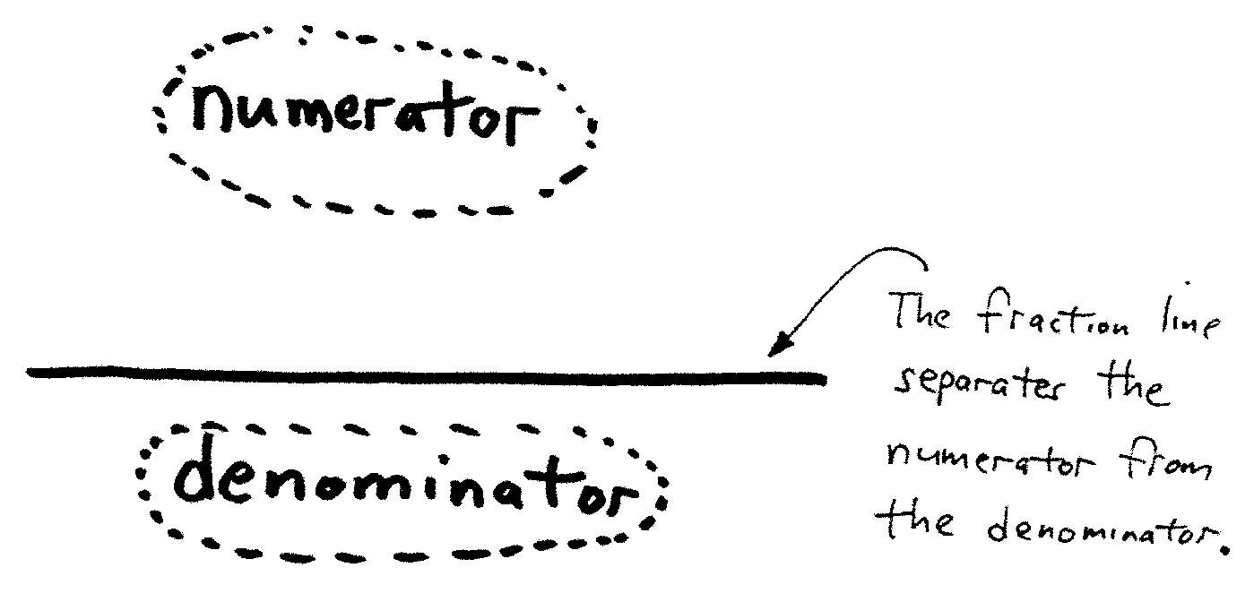 Numerator, Fraction Line and Denominator The words numerator and denominator separated by the fraction line
