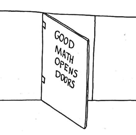 Open classroom door with the words GOOD MATH OPENS DOORS written on it